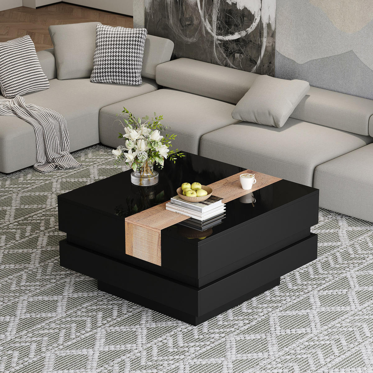 COUCHTISCH 70/70/39 cm mit ausziehbarer Tischplatte, verstecktem Stauraum und Hochglanzoberfläche aus MDF, Schwarz - Schwarz, Holzwerkstoff (70/70/39cm) - Modfu