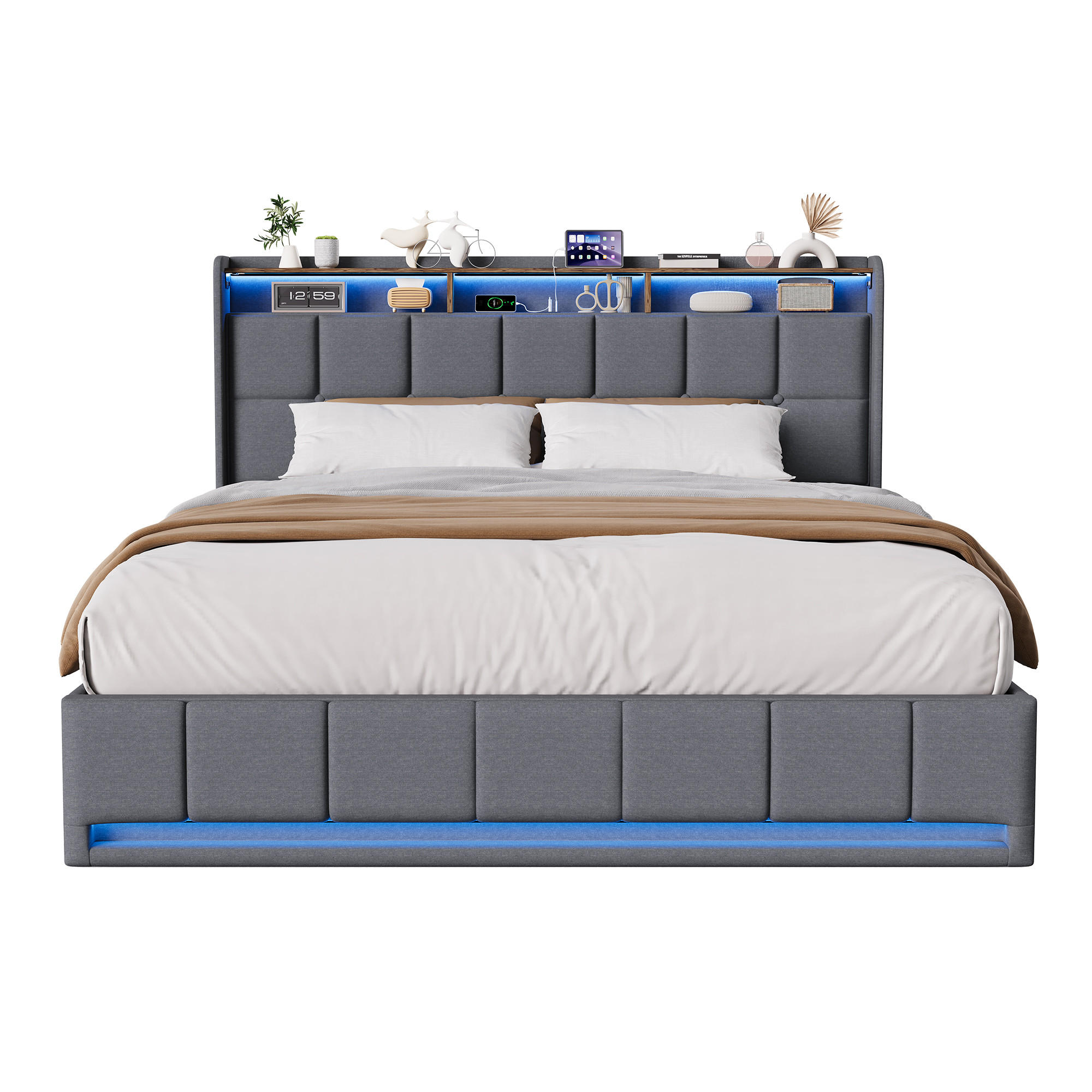 SHOPENTRA ČALOUNĚNÁ postel 140x200cm šedá látka, hydraulický úložný prostor, LED, USB