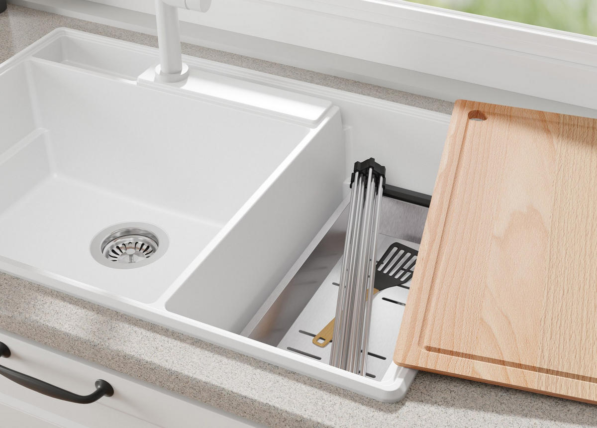 SPÜLBECKEN Paris, 2-er set Weiß 78/53 cm 2 Becken + Ablauf-Set + Küchenzubehörset ab 80er Unterschrank - Chromfarben/Edelstahlfarben, Kunststoff (78/20/53cm) - Primagran