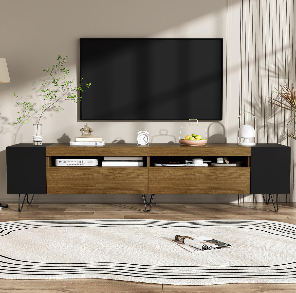 TV-SCHRANK in Schwarz und Holzoptik mit Türen 180/36/43 cm - Eichefarben, Holzwerkstoff (180/43/36cm) - Redom