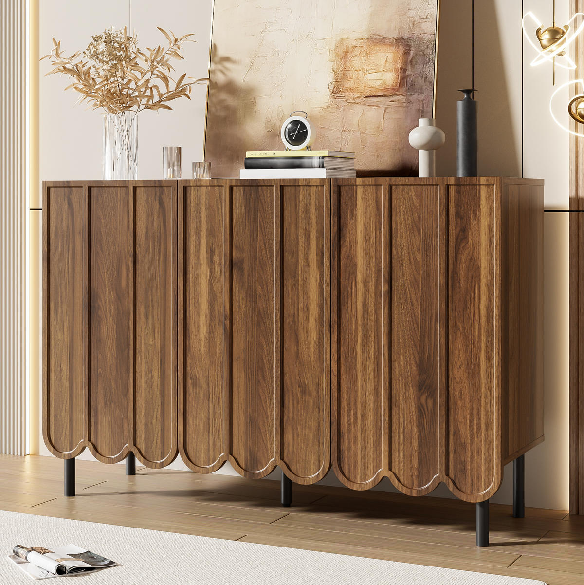 SIDEBOARD 120/35/80 cm aus MDF mit Wellentüren und griffloser Drucköffnung Walnussfarben - Naturfarben, Holzwerkstoff (35/80/120cm) - Modenvie