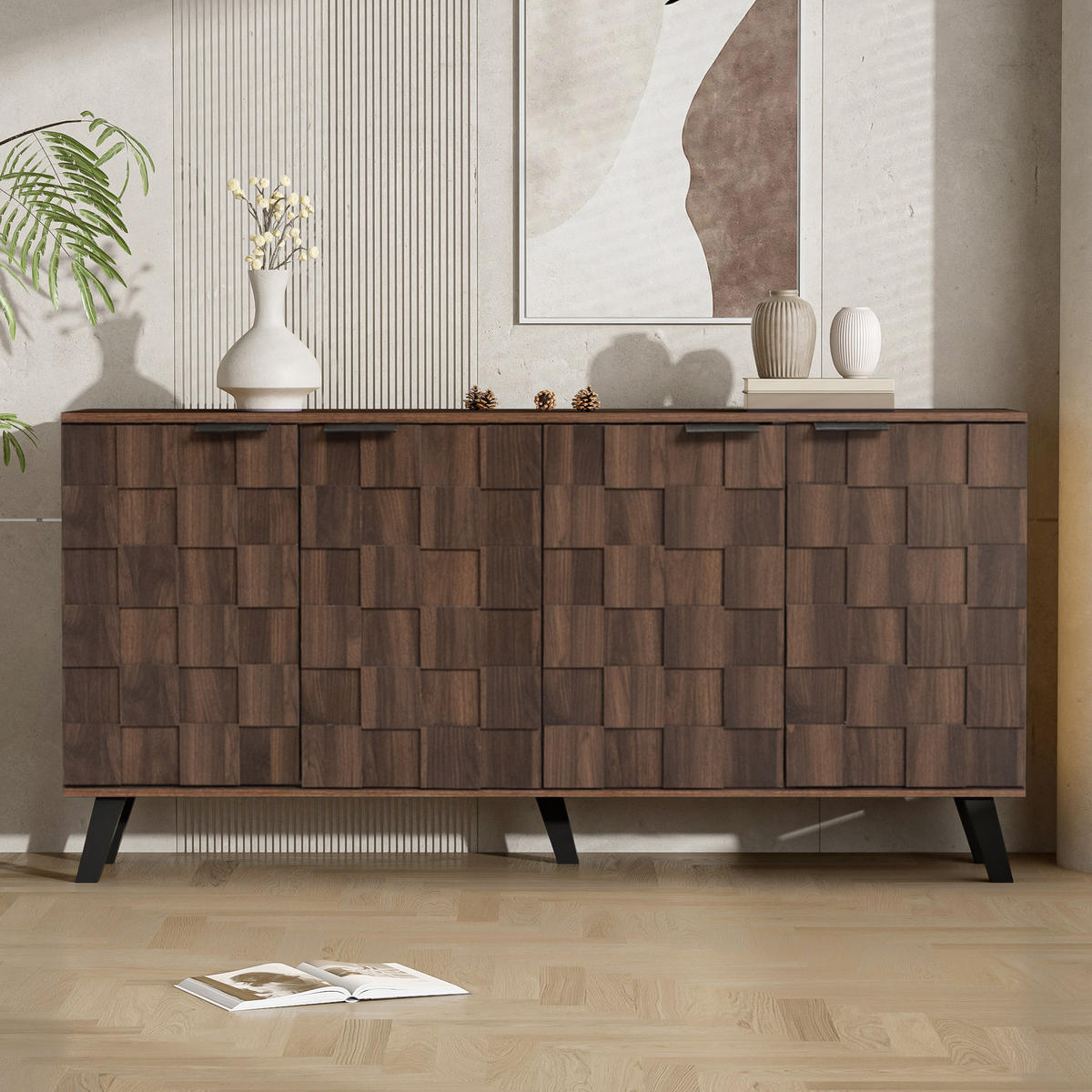 SIDEBOARD 160cm 4 Türen dunkle Holzmaserung modern - Walnussfarben, Holzwerkstoff (35.5/78/160.5cm) - FLIEKS
