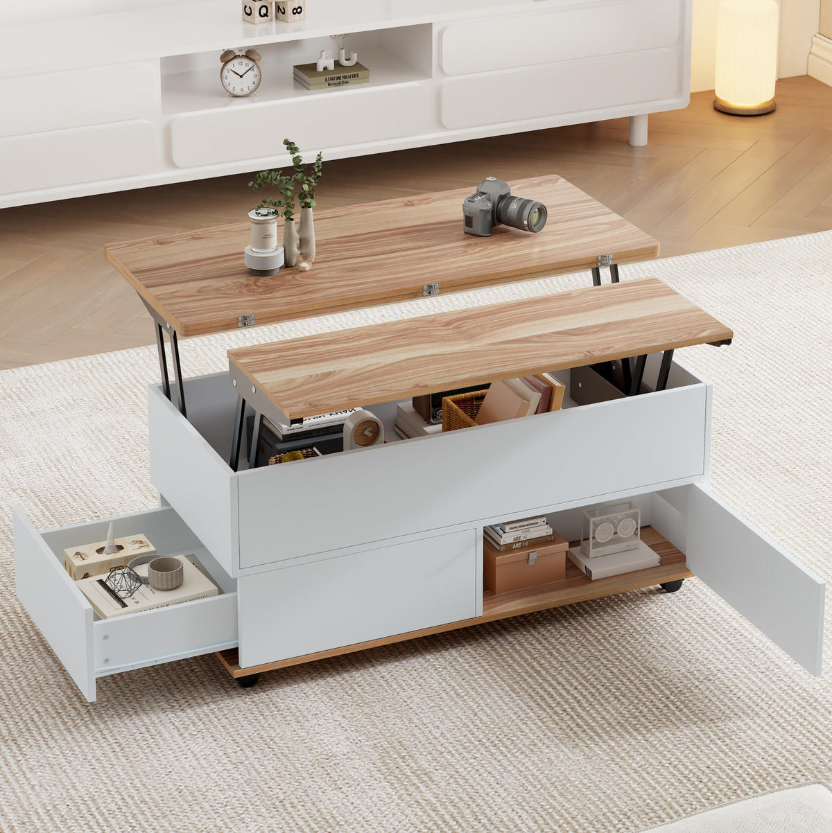 COUCHTISCH 100/98/65 cm höhenverstellbar mit Stauraum und Rollen - Weiß, Holzwerkstoff (100/98/65cm) - Flora Grace