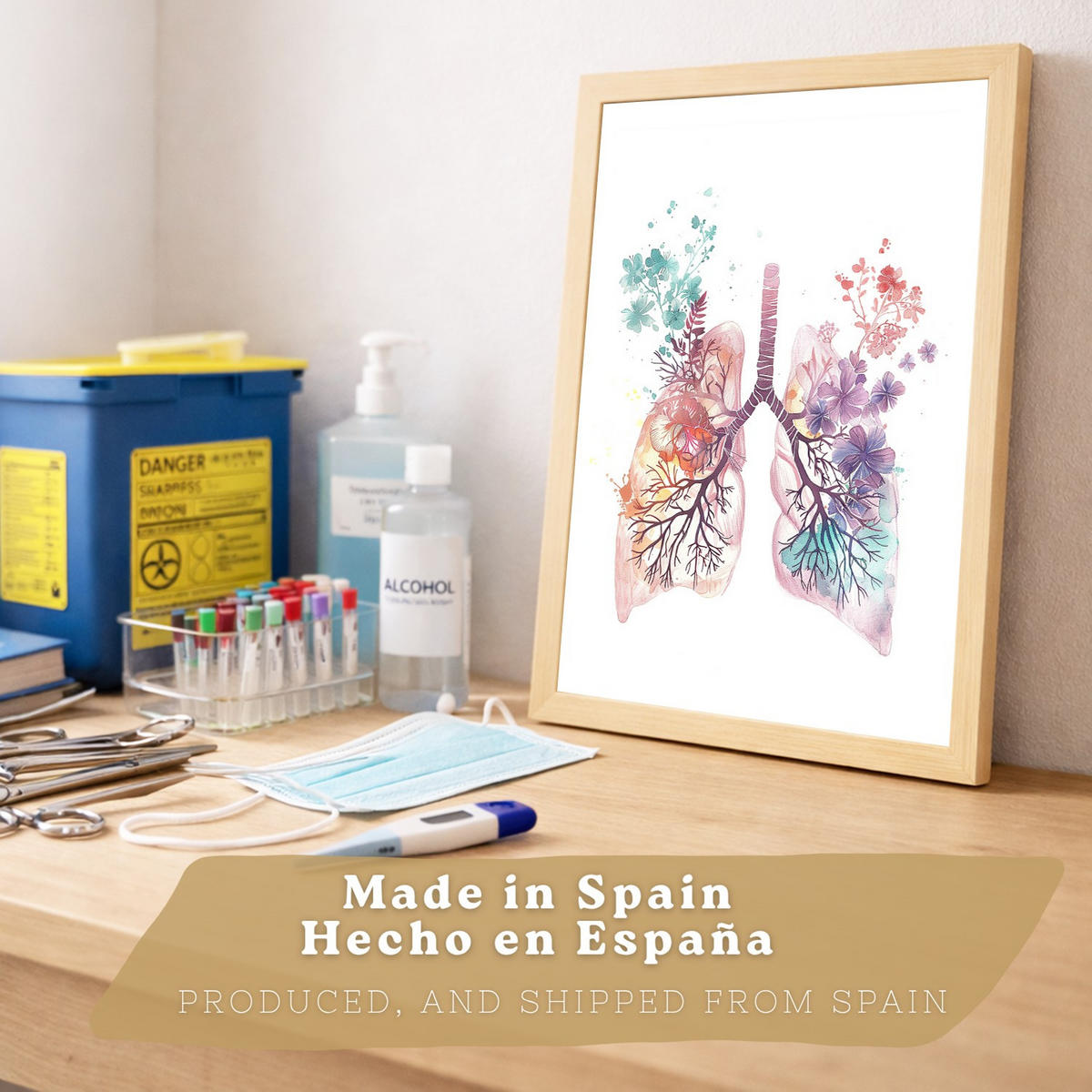 POSTER Set aus 2 Anatomie Mensch Drucke und mit Lungen Luftröhre Bronchien und Gehirn Pastellfarbenes Florales Aquarell Größe Leichter Holzrahmen A3 - Beige, Papier (29.7/42/3cm) - Nacnic