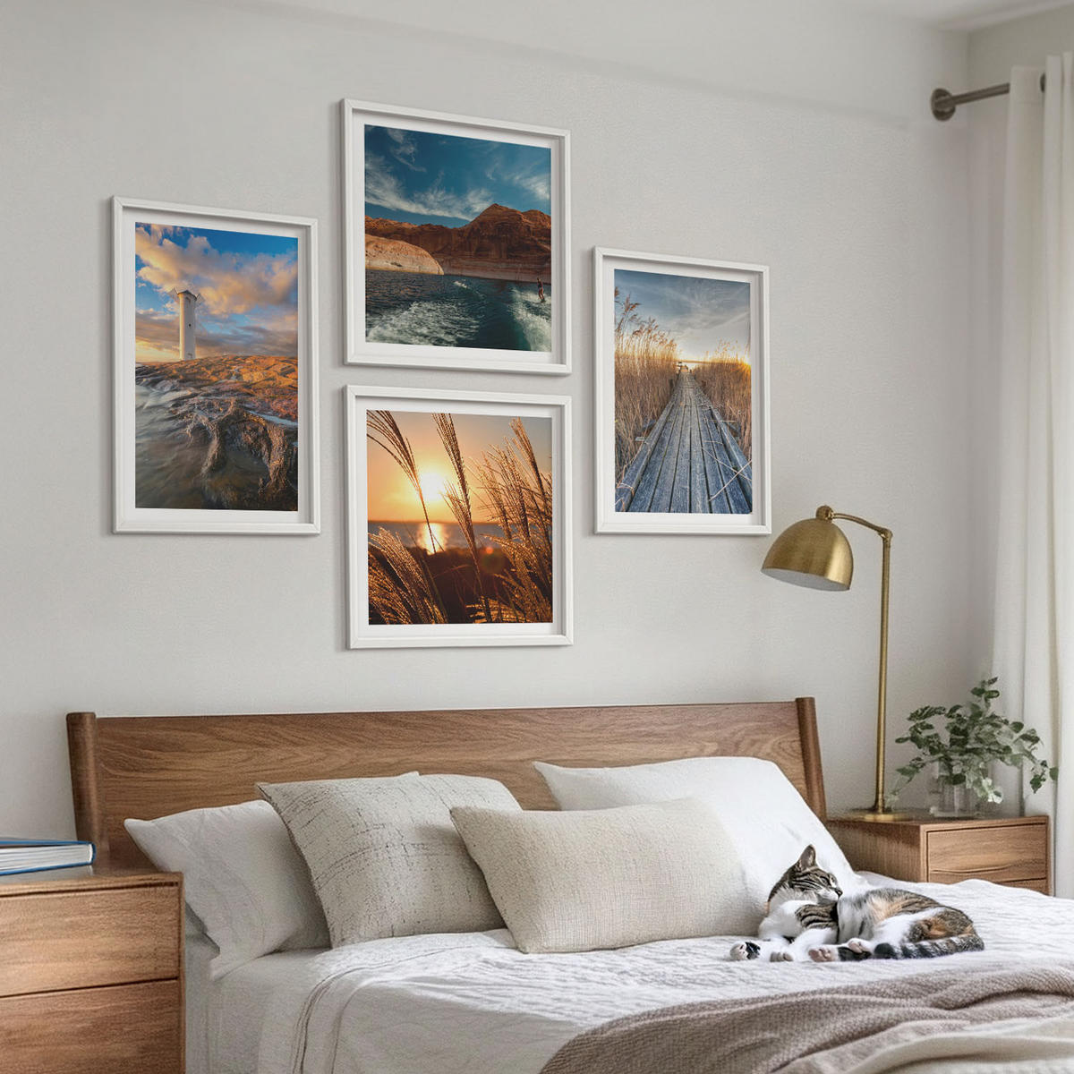 WANDBILDER 4er-Set - 50x50 cm & 40x60 cm Weißer Rahmen - Leuchtturm-Grassteg - Weiß, Kunststoff (50/50cm) - ArtPrintCave