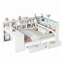 BETT 140/200 cm in Weiß mit Schubladen, LED und Schreibtisch - Weiß, Holzwerkstoff/Textil (140/200cm) - WISHDOR