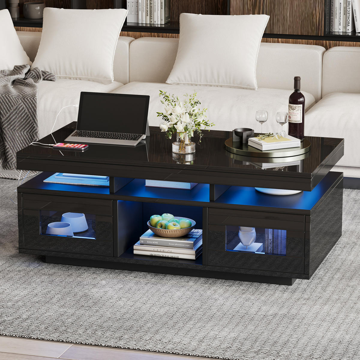 COUCHTISCH aus Spanplatte 100x50x43 cm Schwarz mit App-gesteuerter LED, Steckdose und USB-Anschluss - Schwarz, Holzwerkstoff (100/50/43cm) - IVMEU