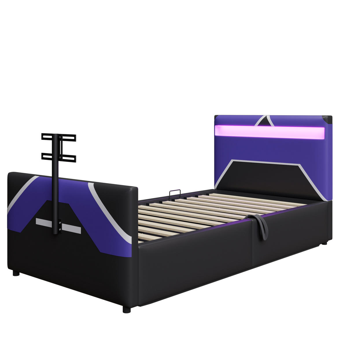 KINDEREINZELBETTEN aus Kunstleder 90x200 cm in Schwarz mit LED & TV-Halterung - Schwarz, Leder (90/200cm) - Modfu