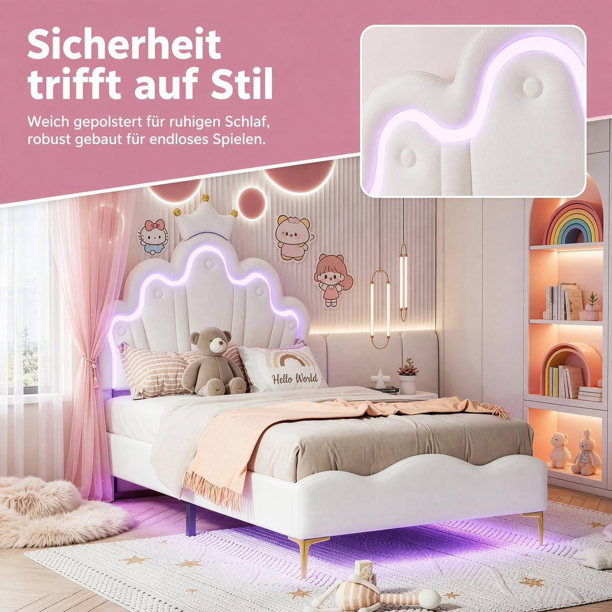 KINDERBETT 90x200 mit LED, Blütenblatt Kopfteil mit Krone, weißes PU, höhenverstellbar - Weiß, Leder/Holz (90/200cm) - GENKI LIVING