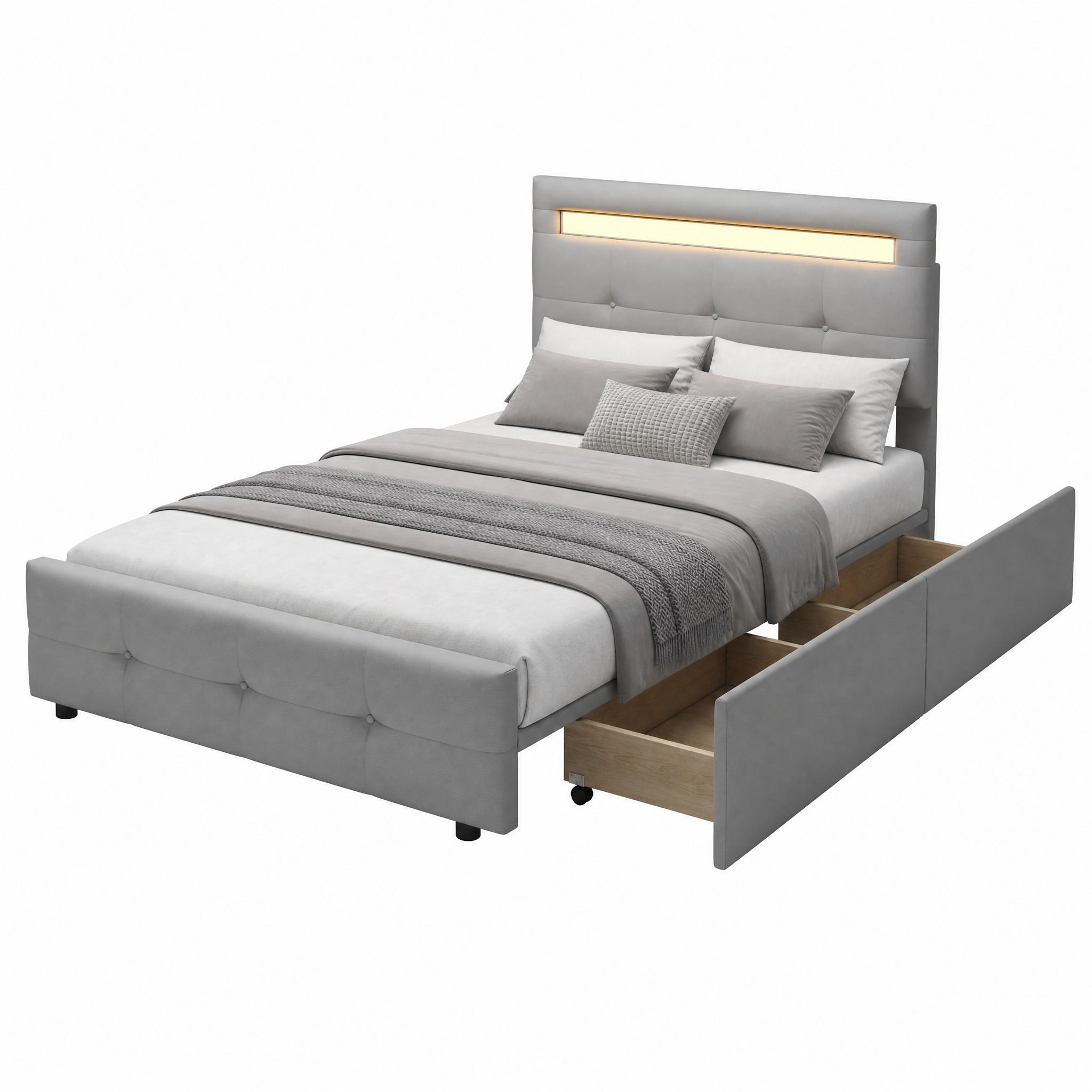 POLSTERBETT mit LED und 2 Schubladen 90x200 cm Grau - Grau, Holzwerkstoff (90/200cm) - Beauniv