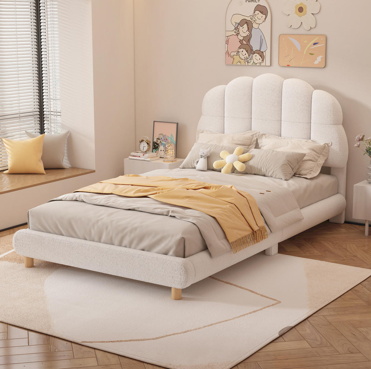 KINDERBETT 90/200 cm mit gepolstertem Blüten-Kopfteil aus Plüsch, Weiß - Weiß, Textil (90/200cm) - Redom