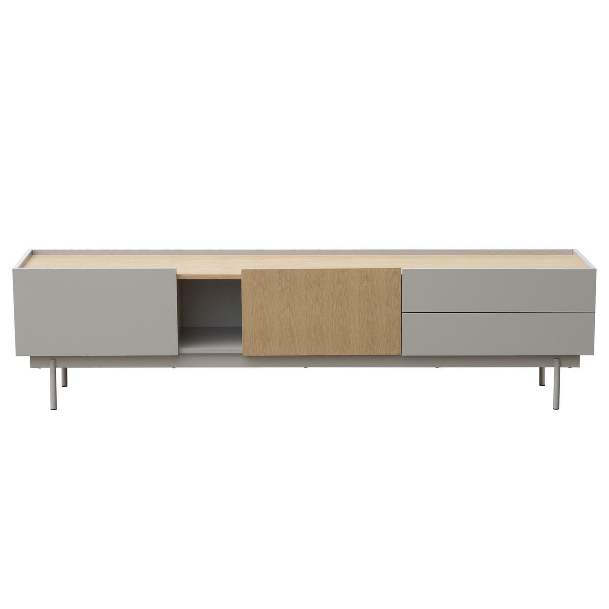 TV-LOWBOARD - Echtholzfurnier - Hellgrau / Eiche - Eichefarben/Hellgrau, Holzwerkstoff/Metall (180/45/40cm) - home24
