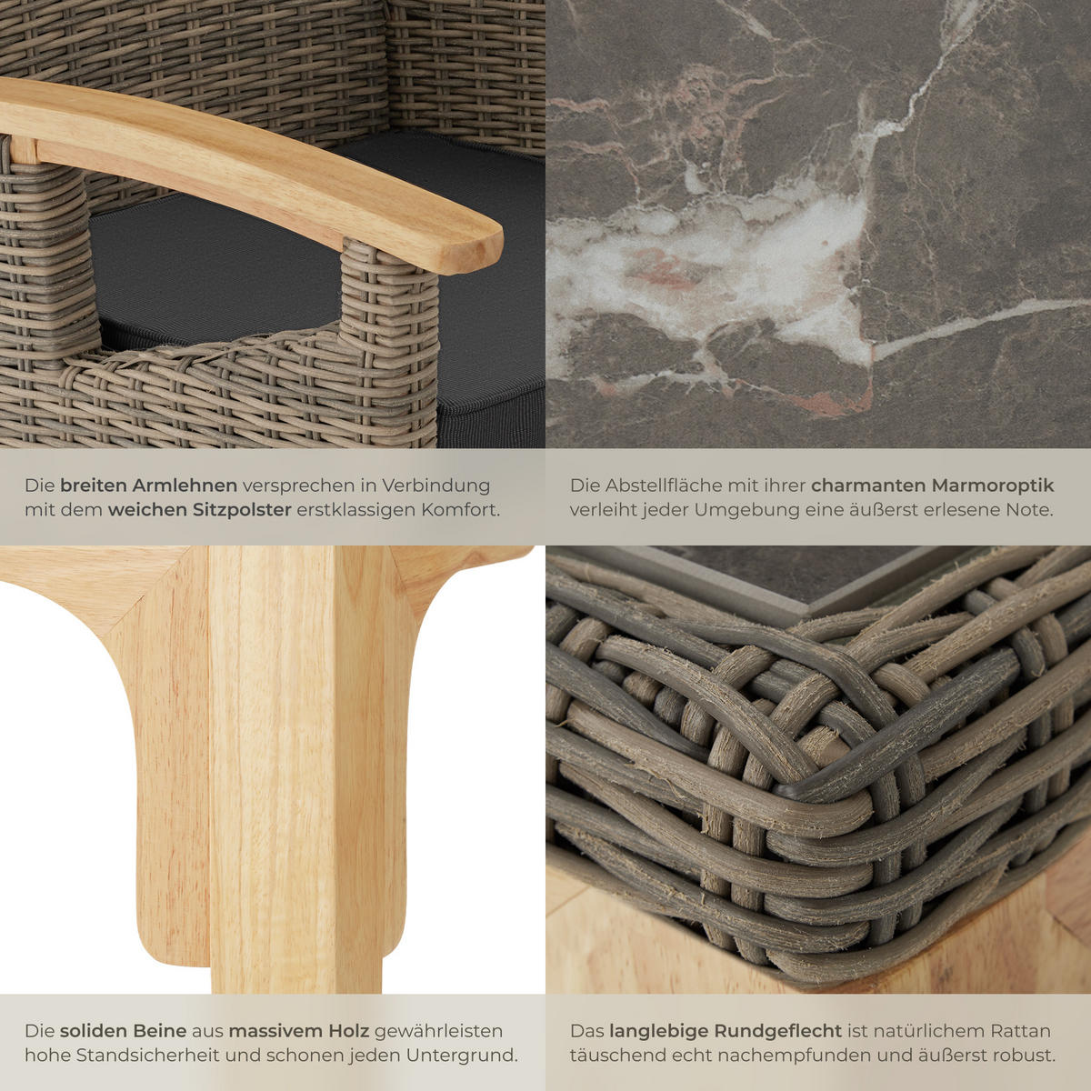 GARTENTISCH FOGGIA MIT 6 STüHLEN ROSARNO ,Armlehnen und Beine aus Holz,natur - Naturfarben, Kunststoff - tectake