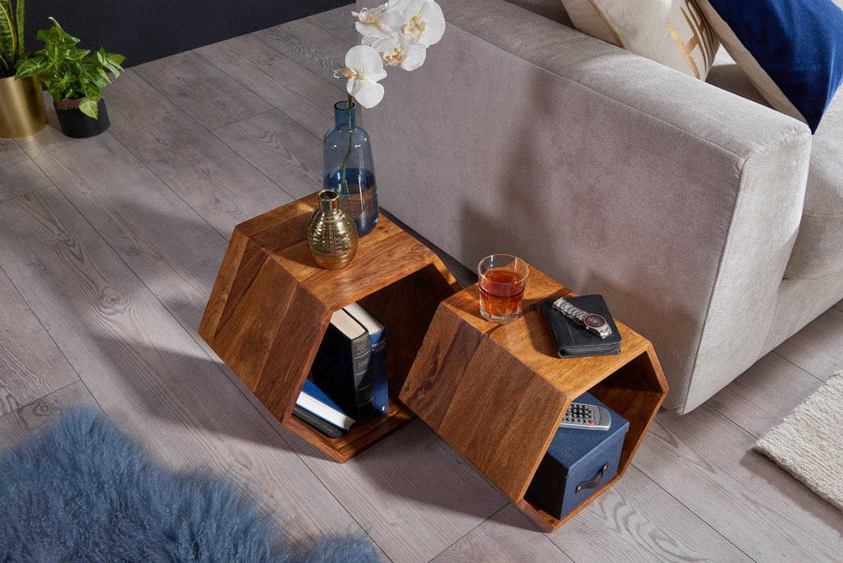BEISTELLTISCH Set – 2-teilig Massivholz Braun Wabenform handgefertigt - Braun, Holz (30/46/40cm) - KADIMA DESIGN