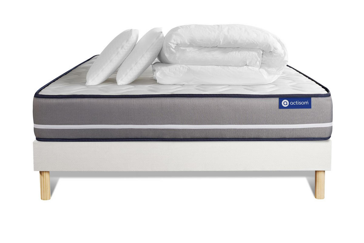 BETT Actiflex pur Taschenfederkern 160 x 200 cm h3 - Kit Bettgestell Weiß - Mit Kissen und Bettdecke - Beige/Weiß, Holz/Textil (160/200cm) - ACTISOM