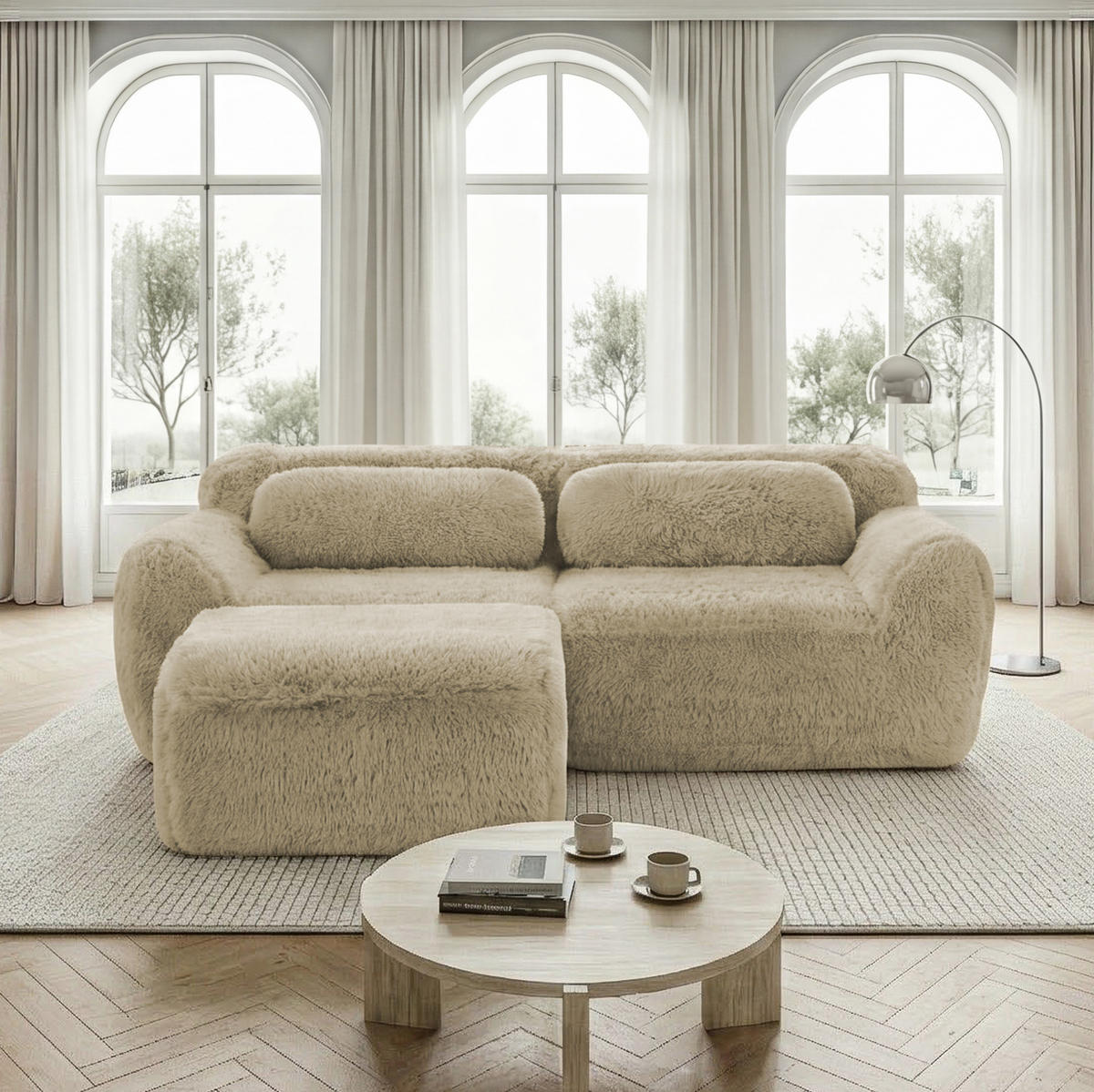 MODULÁRNÍ pohovka světle khaki z plyše bez montáže s měkkým polstrováním - béžová, textil (179/204cm) - OKWISH