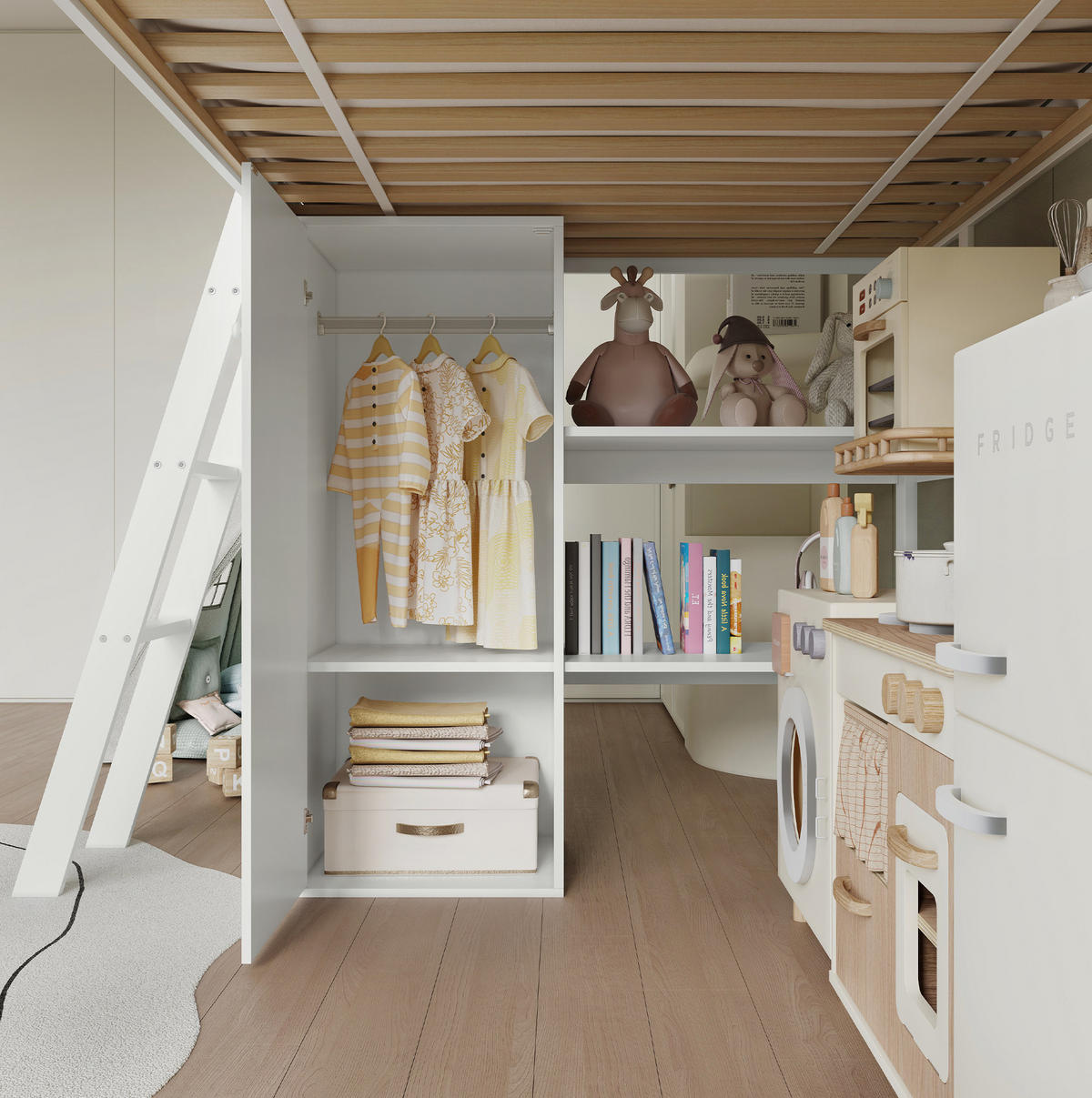 HOCHBETT 90/200 cm Weiß Natur mit Kinderrutsche, Kleiderschrank und Ablageschrank ohne Matratze - Weiß, Holz (90/200cm) - MIVRAY