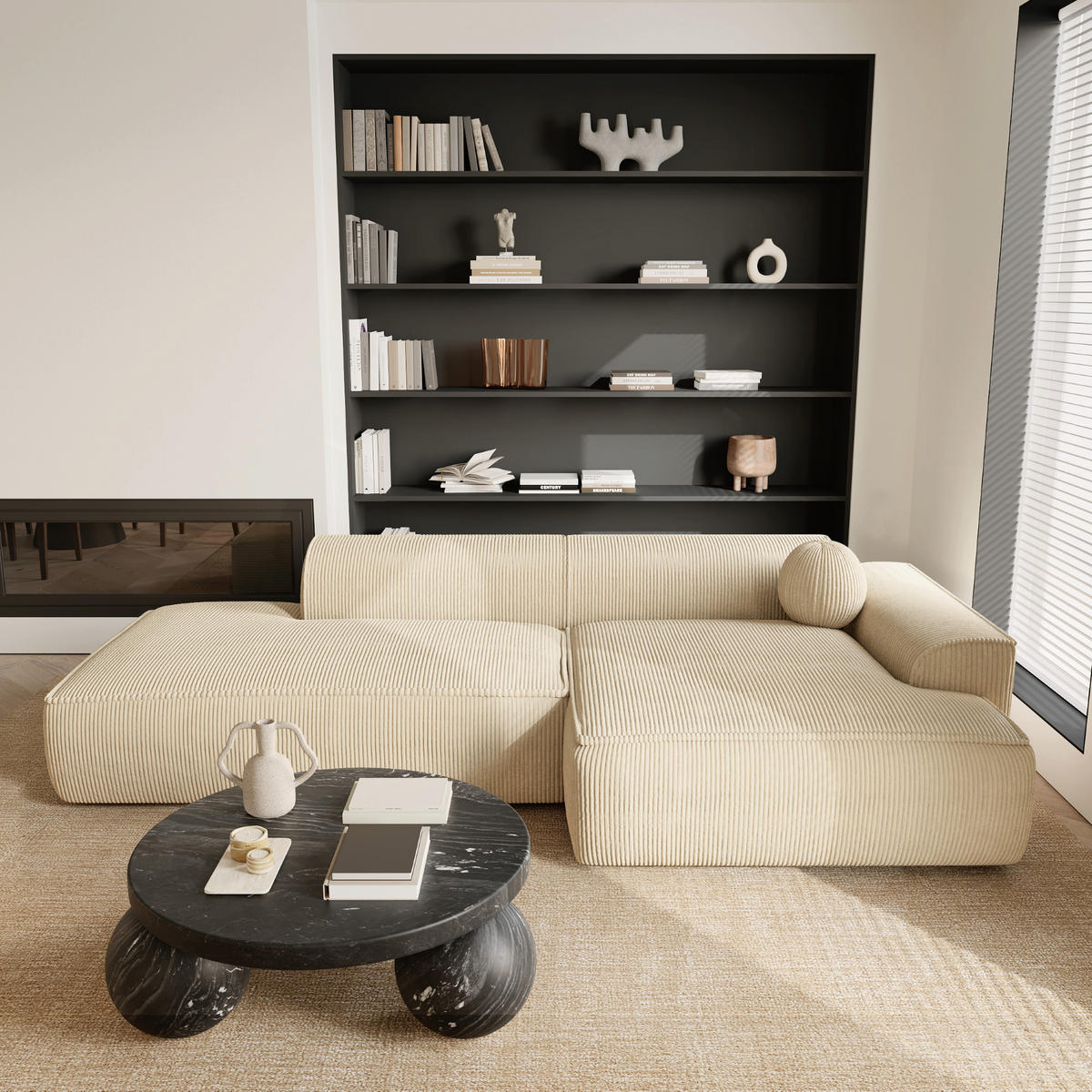 ECKSOFA RECHTS Gerippter Samt Creme 300cm - Creme, Textil (300/155cm) - Sia Home