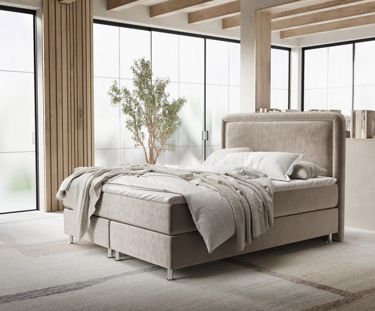 BOXBETT Salvi Taupe 160/200 cm mit Matratze und Topper - Taupe/Silberfarben, Holz/Holzwerkstoff (160/200cm) - Maison de Reve