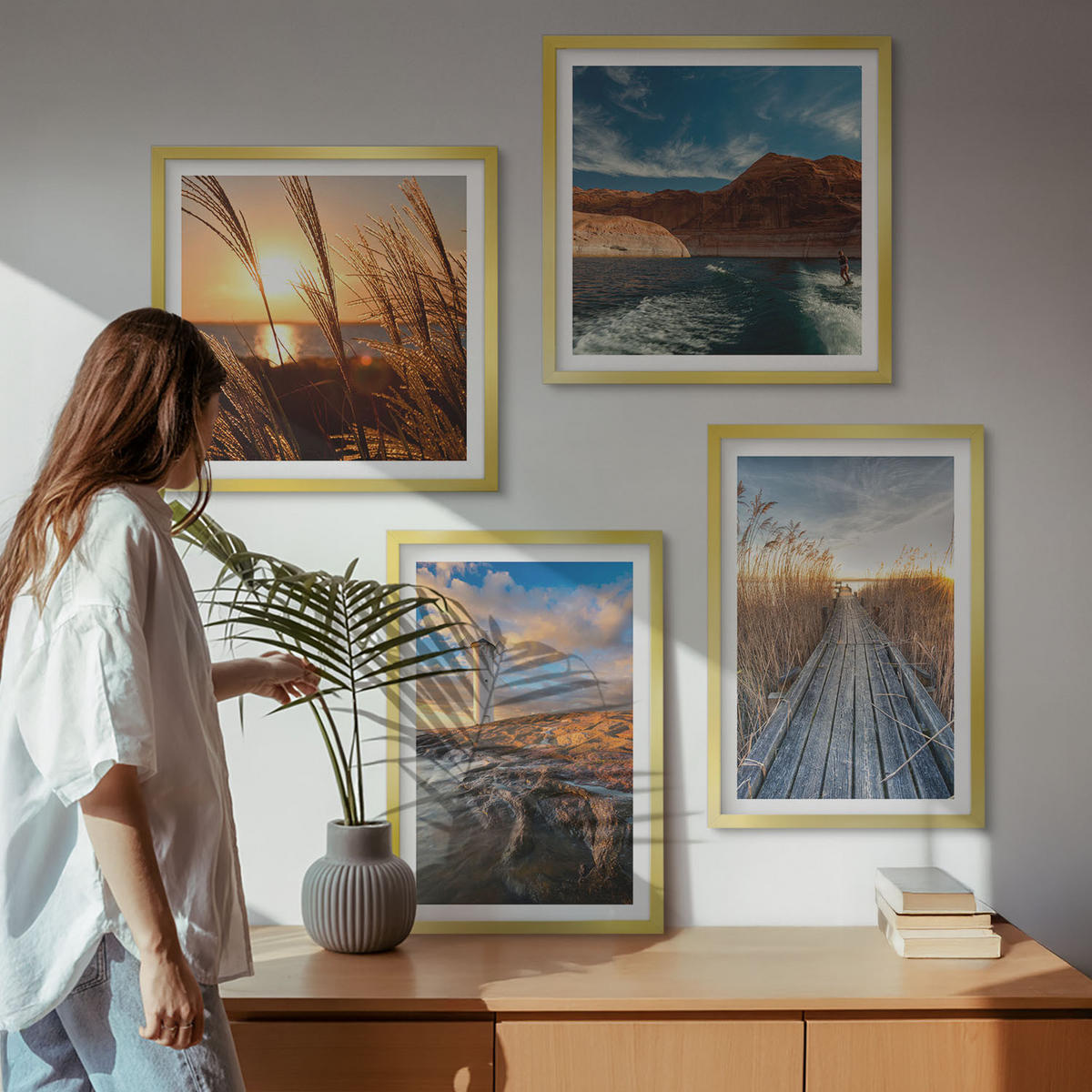 WANDBILDER 4er Set - 50x50 cm & 40x60 cm Goldrahmen - Leuchtturm-Grassteg - Goldfarben, Kunststoff (50/50cm) - ArtPrintCave