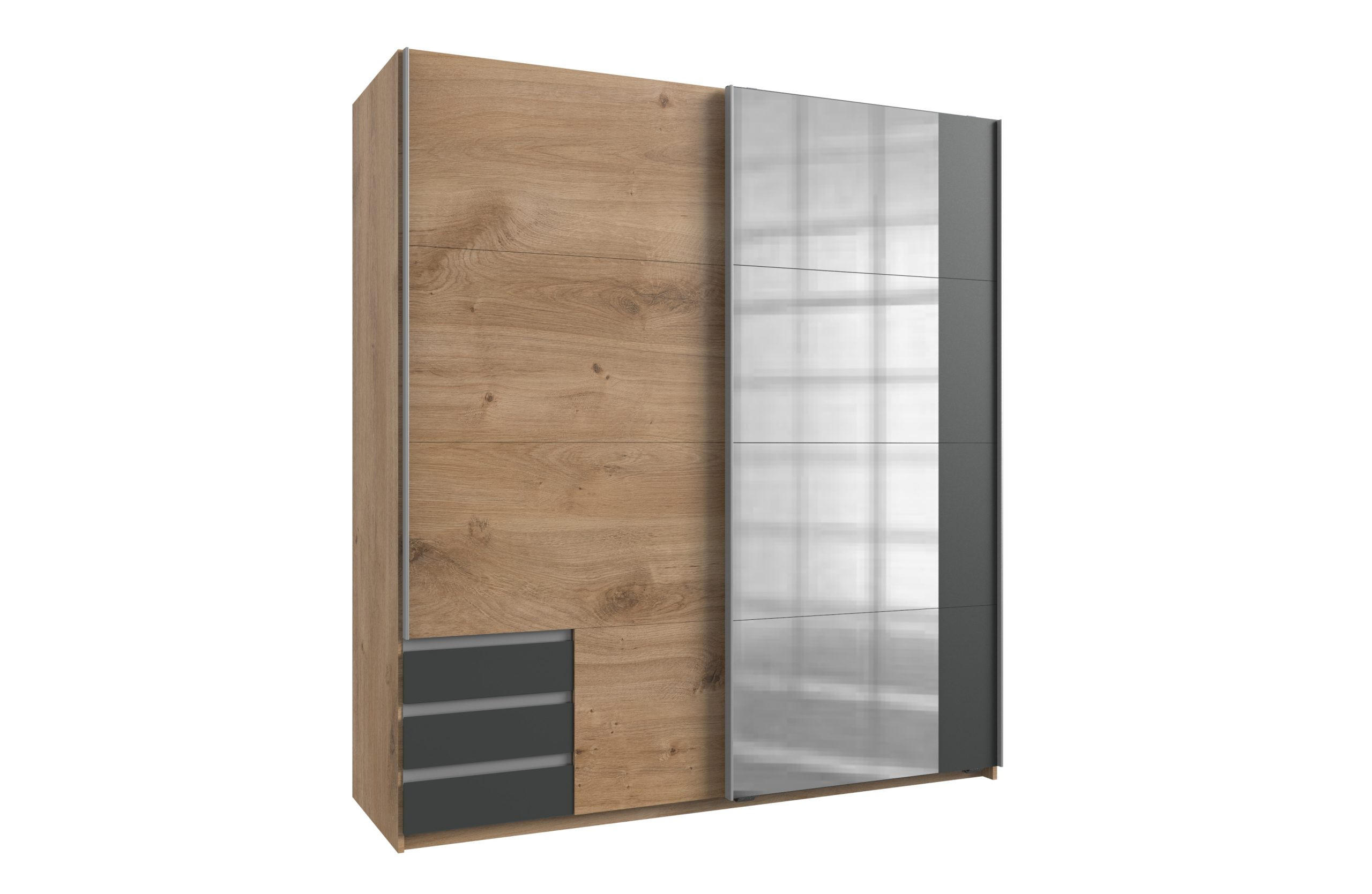 KLEIDERSCHRANK Emden in Plankeneiche mit Graphit - Schwebetürenschrank Breite 179 cm mit Spiegel - Braun, Holzwerkstoff (179/198/65cm)