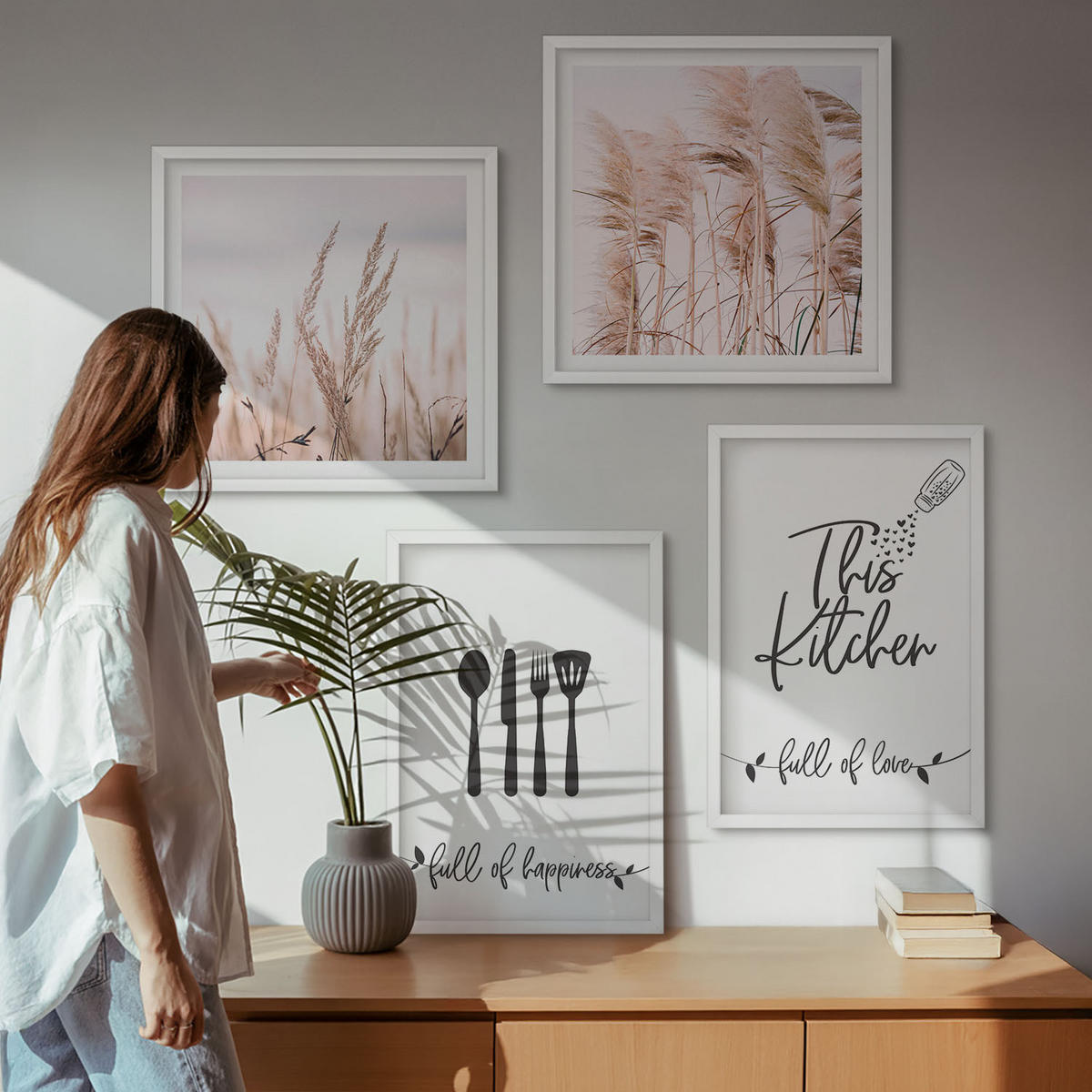 BILDER SET 4er Set - 50x50 cm & 40x60 cm Weißer Rahmen - Boho-Küchengras-Schriftzug - Weiß, Kunststoff (50/50cm) - TULUP