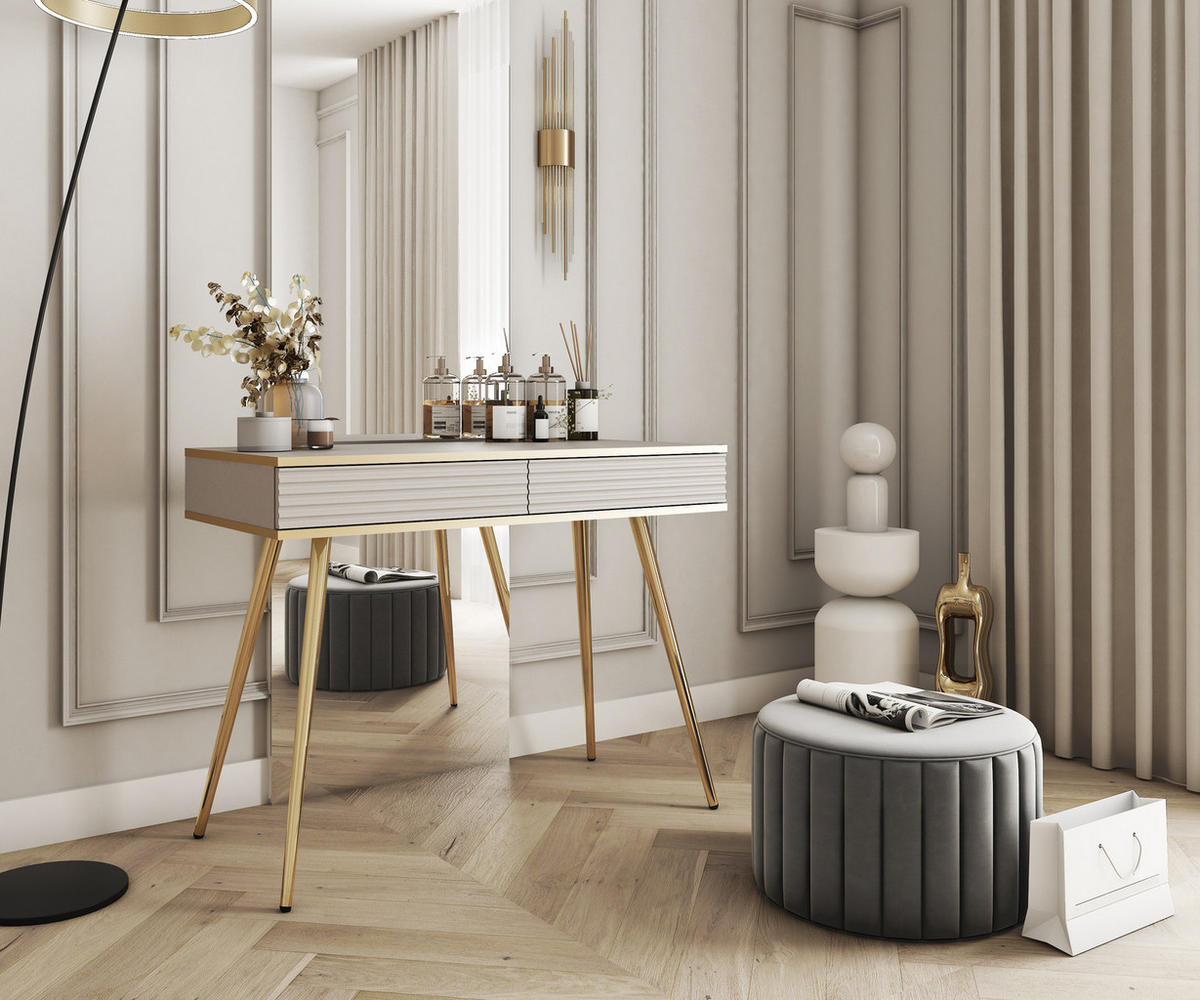 KONSOLENTISCH FORNO (Beige, Rillenfront, Goldene Details, 2 Schubladen, goldene Metallfüße, 102 cm) - Gelb/Beige, Holz/Holzwerkstoff (50/102/80cm) - Ravio