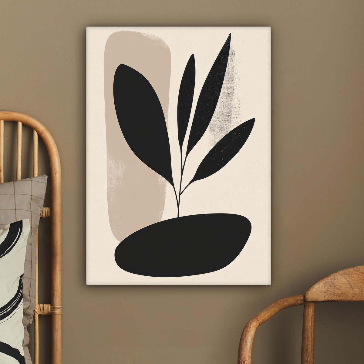 LEINWANDBILD Pflanze - Beige - Japanisch 60x80 cm - Schwarz, Textil (60/80cm) - MuchoWow