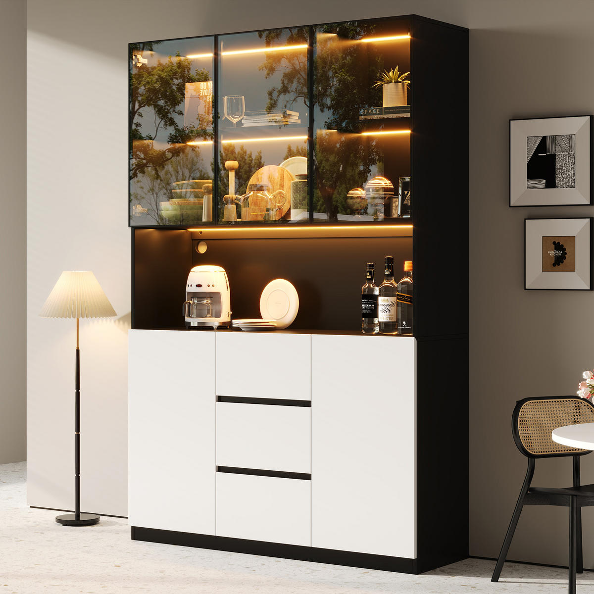 VITRINE 120cm Glas LED 3 Schubladen 2 Türen modern - Schwarz, Holzwerkstoff (120/200/40cm) - FLIEKS