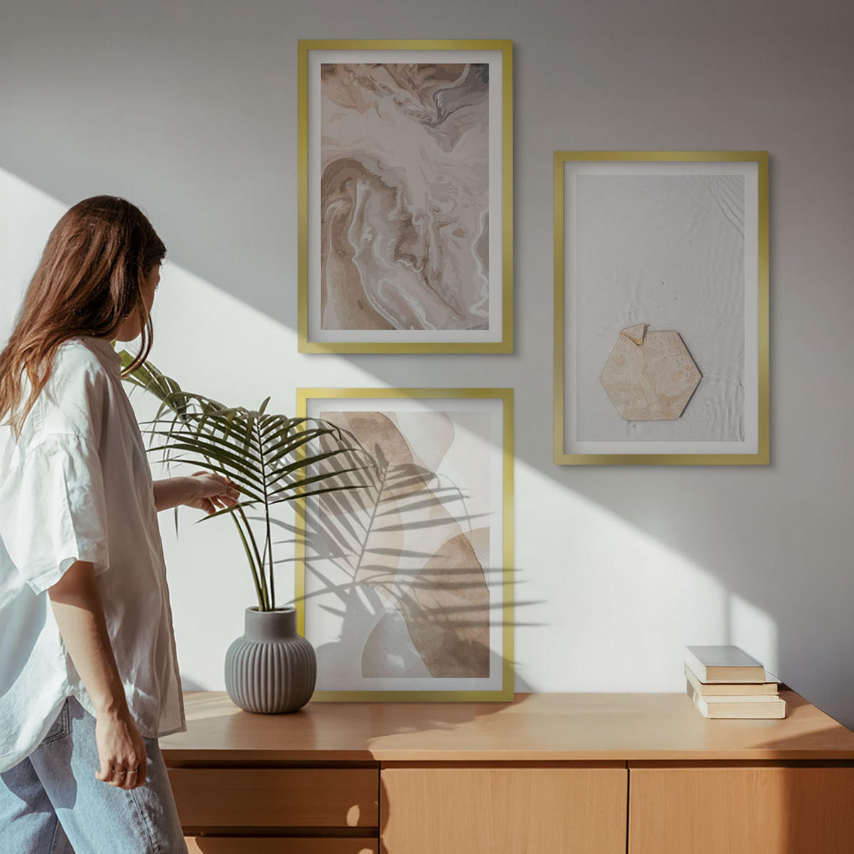 WANDBILDER 3er Set - 40x60 cm Goldrahmen - Designerabstraktion der Natur - Goldfarben, Kunststoff (40/60cm) - ArtPrintCave