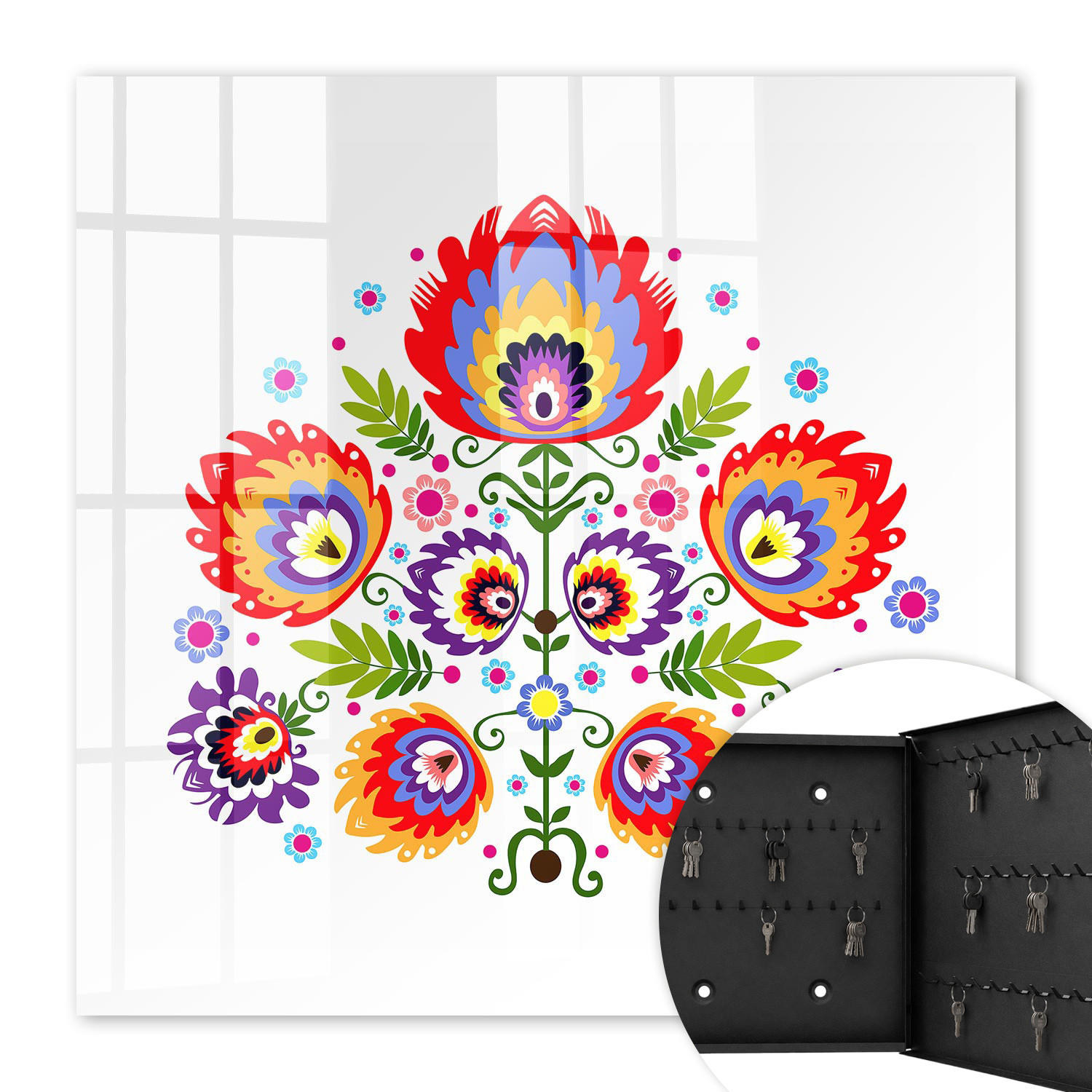 SCHLÜSSELBOX Schwarz 30x30 cm- Türöffnung nach rechts - Volksblumen - Rot, Metall (30/30/5cm) - TULUP