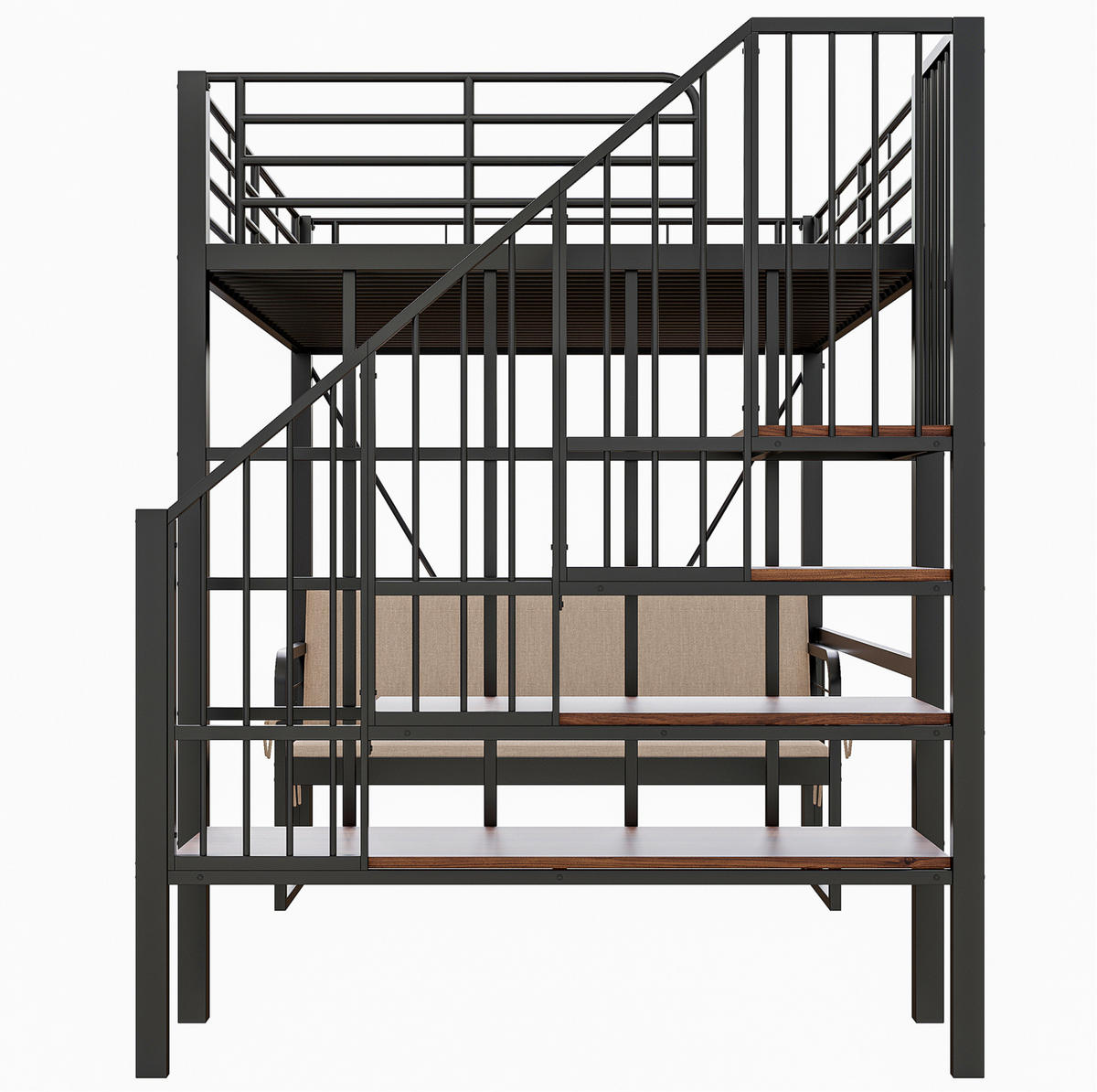 HOCHBETT 140/200 cm aus Metall mit Polstersofa und Stauraumleiter, Schwarz - Schwarz, Metall (140/200cm) - OKMYHOME