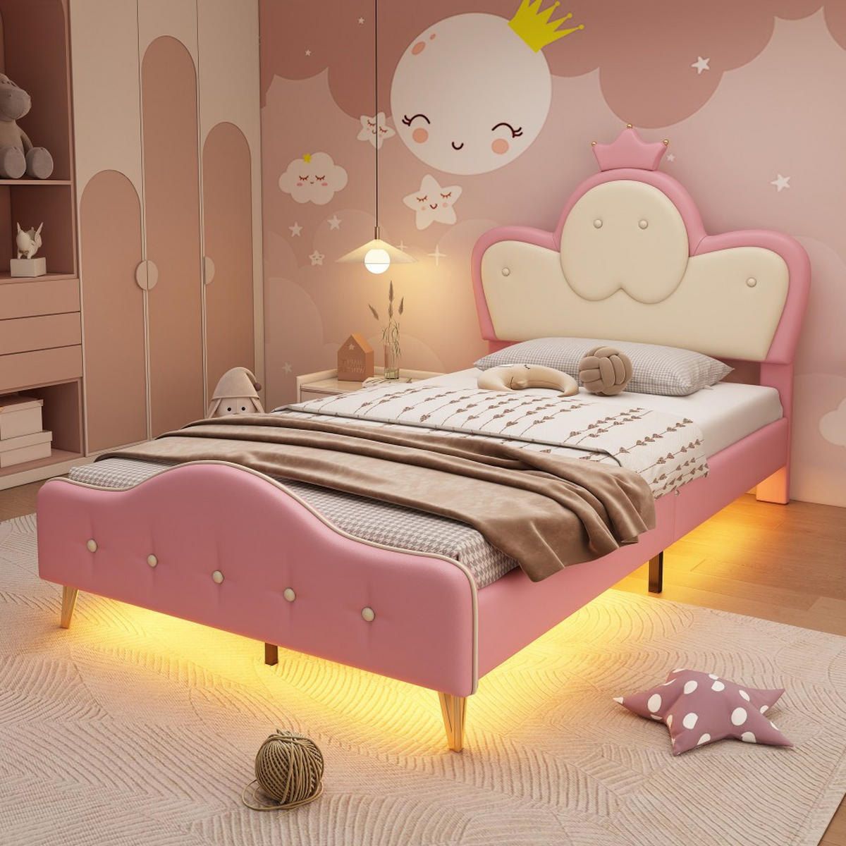 KINDERBETT 90x200cm in Rosa PU mit Monochromer LED-Streifen - Pink, Holz (90/200cm) - KOMHTOM