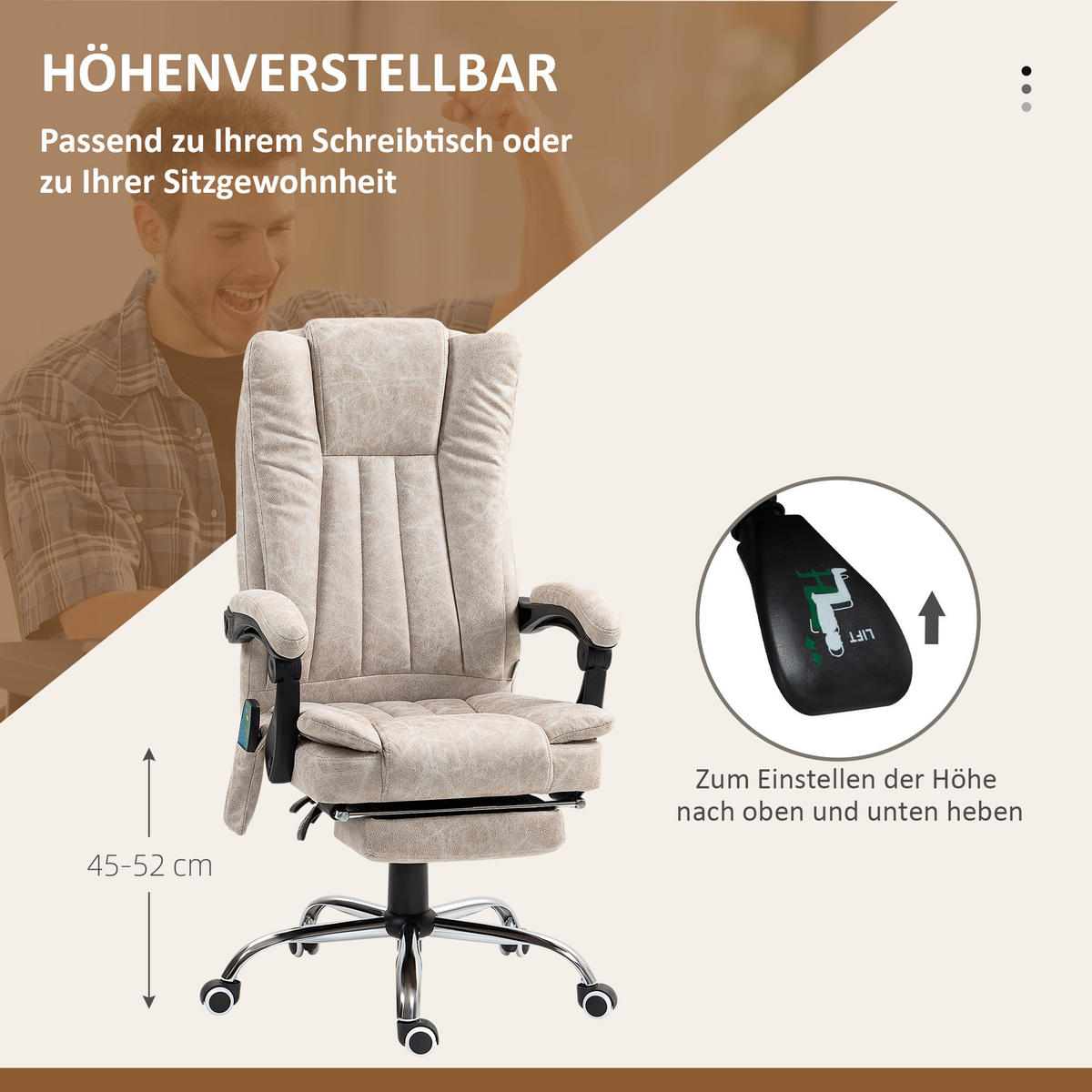 BÜROSTUHL mit Vibrationsmassage, Ergonomischer Schreibtischstuhl, Liegefunktion - Weiß, Metall (70/120/62cm) - Vinsetto