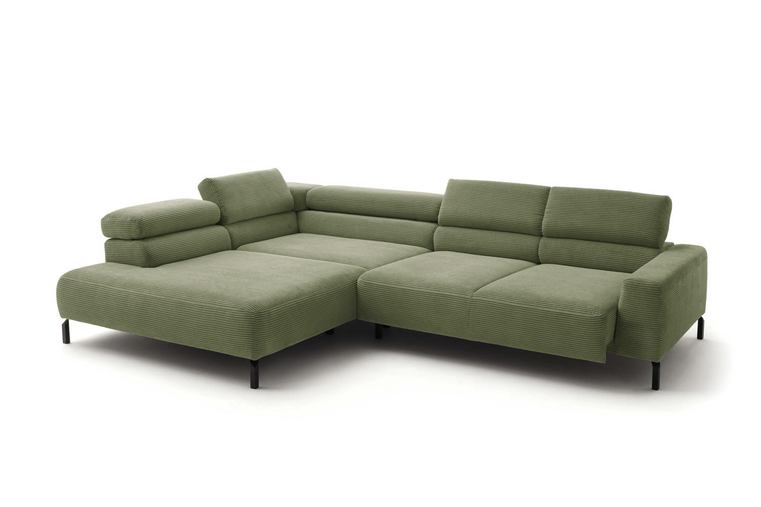 ECKSOFA DELIA Grün Cord Relaxfunktion - Schwarz/Olivgrün, Textil/Metall (276/219cm) - KAWOLA