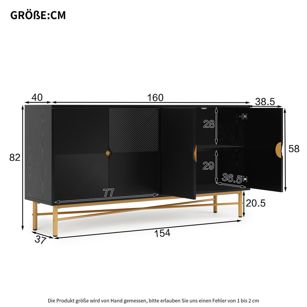 SIDEBOARD Schwarz 4 Türen Gold Griffe Hochglanz 160x40x82cm - Schwarz, Holzwerkstoff (40/82/160cm) - FLIEKS