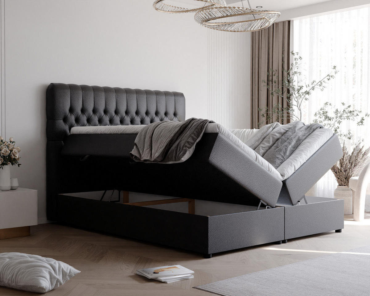 BOXBETT 200x200 cm mit Topper - Schwarz, Holzwerkstoff/Textil (200/200cm) - Idohome