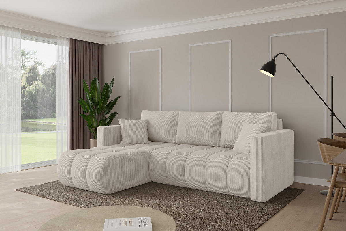 ROHOVÁ SEDAČKA s funkcí spaní, otoman vlevo GARD-L 226x146x85 krémová manšestr - černá/krémová, kompozitní dřevo/textil (226/146cm) - ALTDECOR