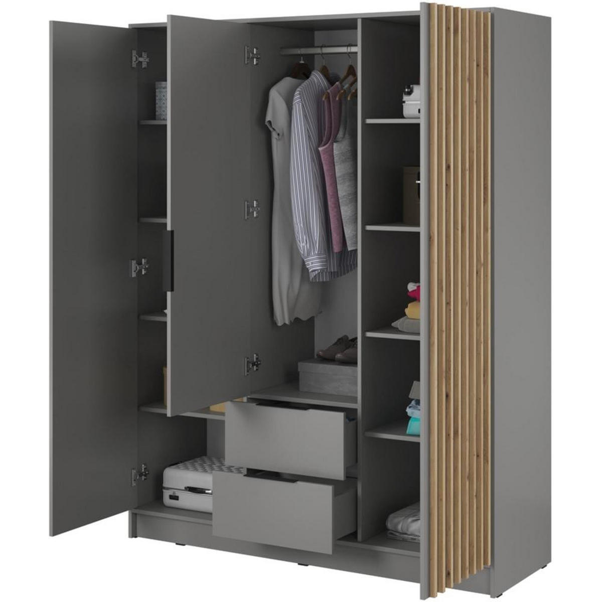 DREHTÜRENSCHRANK Kelly 155/200/51 3-türig grau - Schwarz/Grau, Holzwerkstoff/Kunststoff (155/200/51cm) - Beautysofa