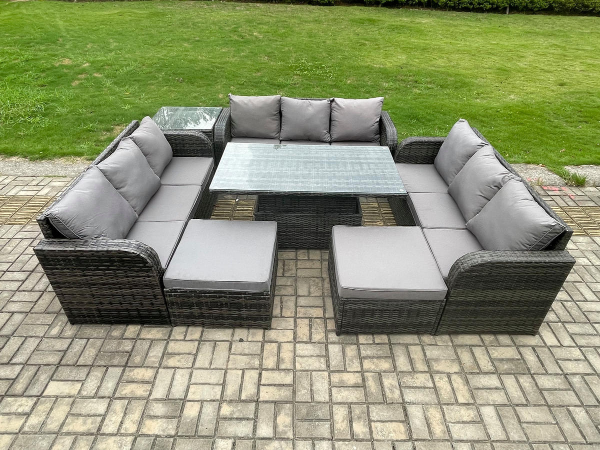 GARTENSOFA Hohe Rückenlehne Polyrattan 11-Sitzer - Dunkelgrau/Grau, Glas/Kunststoff - Fimous