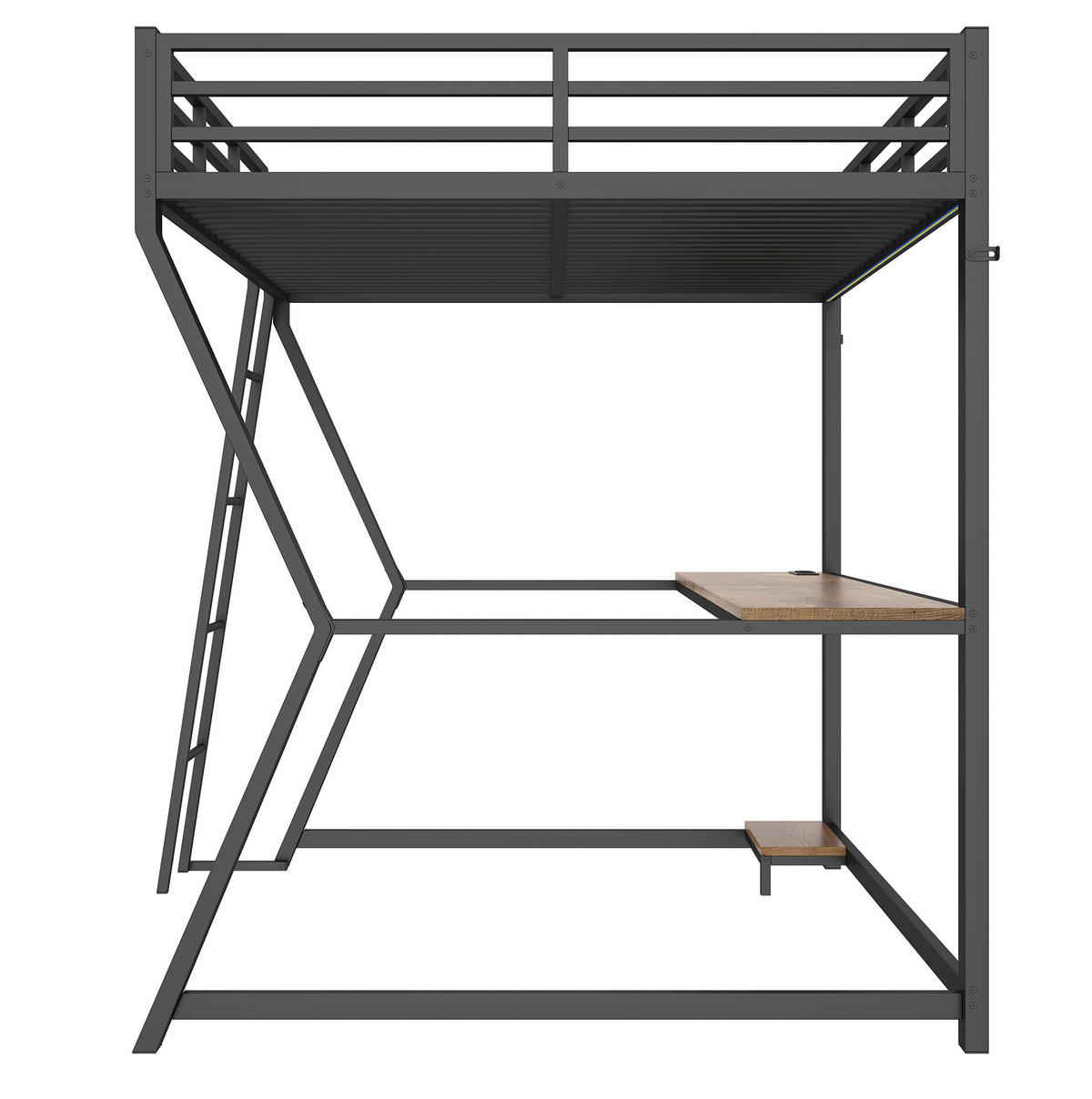HOCHBETT aus Metall und MDF 140x200 cm Schwarz mit Schreibtisch, LED-Beleuchtung und USB-Anschluss - Schwarz, Metall (140/200cm) - IVMEU