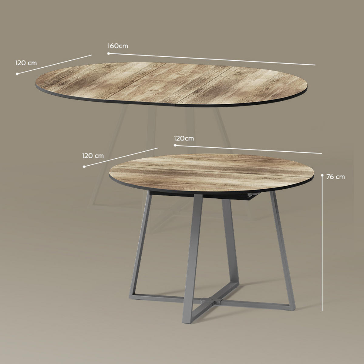 ESSTISCH Firenze Eiche rustikal/Grau 120 x 120 cm ausziehbar - Wildeiche/Grau, Holzwerkstoff (120/120/75.8cm) - Livinity®