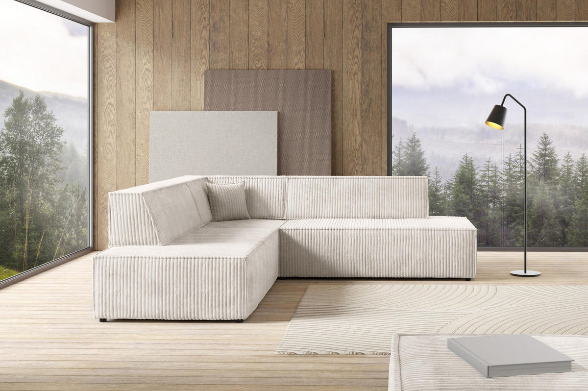 ECKSOFA TESSO II L-S Creme Kordstoff mit Schlaffunktion - Creme, Holz (254/254cm) - MASSENO