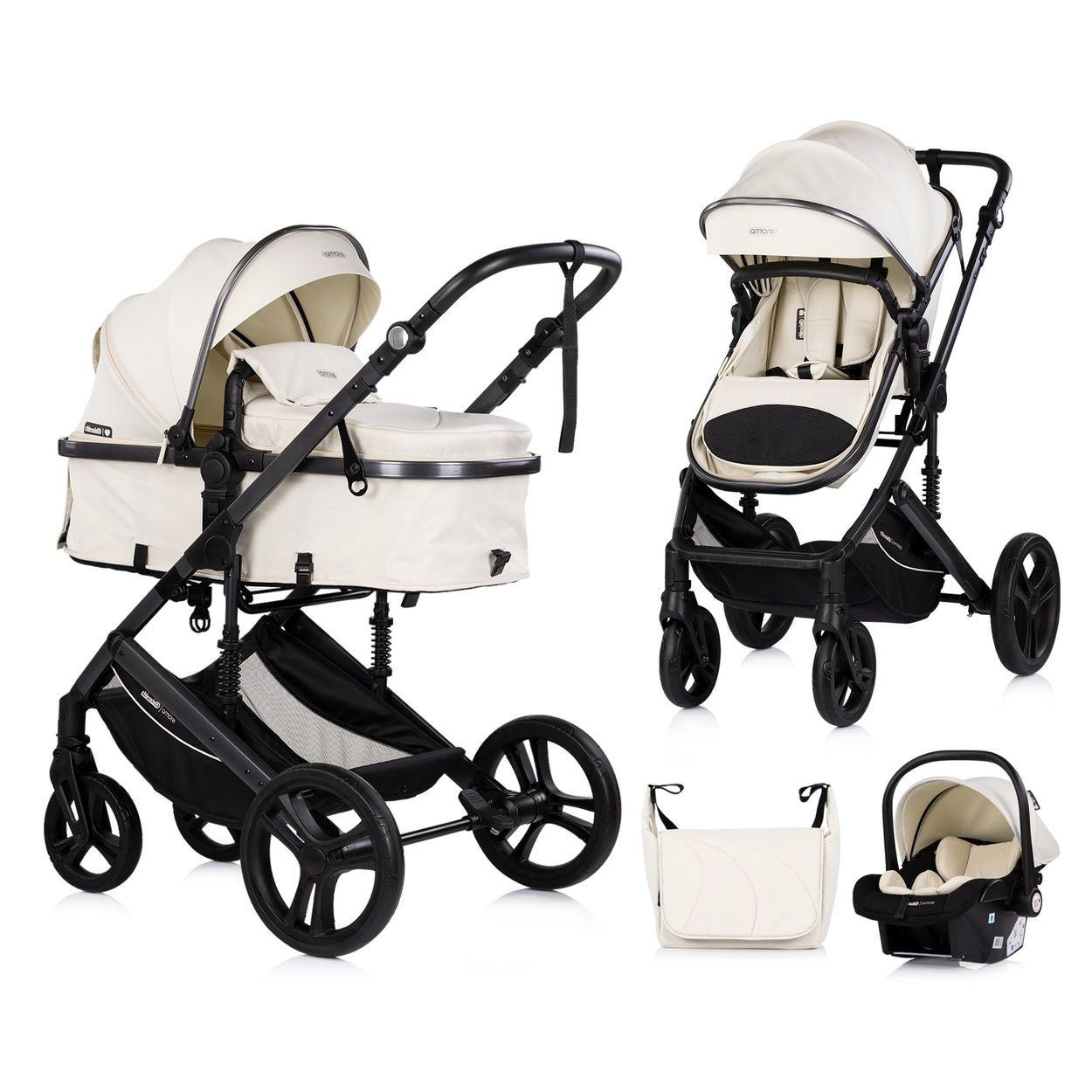 KOMBIKINDERWAGEN Amore 3 in 1 beige-schwarz Babyschale Adapter Wickeltasche Fußabdeckung - Beige, Metall (95/63/105cm) - Chipolino