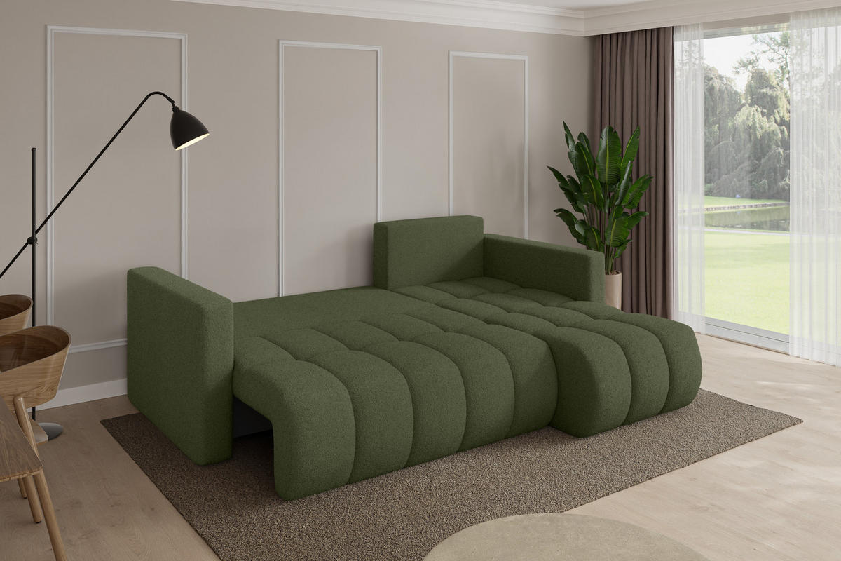 ROHOVÁ SEDAČKA s funkcí spaní, otoman vpravo GARD-L 226x146x85 zelená bouclé - černá/zelená barva, kompozitní dřevo/textil (226/146cm) - ALTDECOR