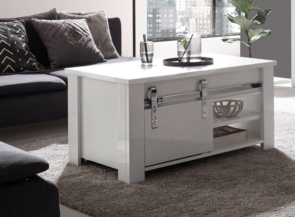 COUCHTISCH weiß Hochglanz 93 x 60 cm, Beistelltisch mit Stauraum - Chromfarben/Weiß Hochglanz, Holzwerkstoff/Kunststoff (93/60/51cm) - Furn.Design