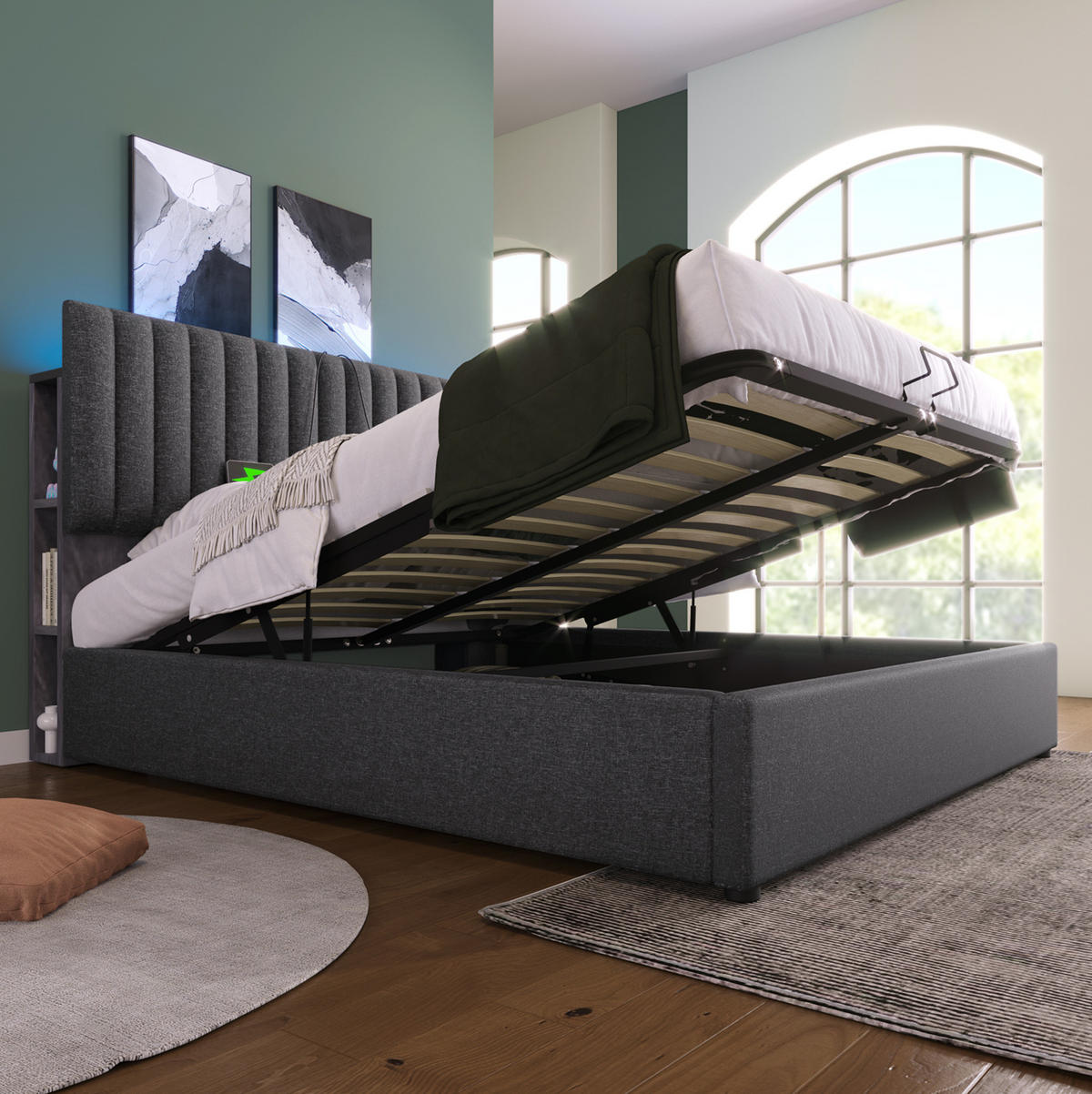 BETT mit Stauraum und LED 140x200 cm Leinen Grau - Grau, Metall (140/200cm) - Meubliv