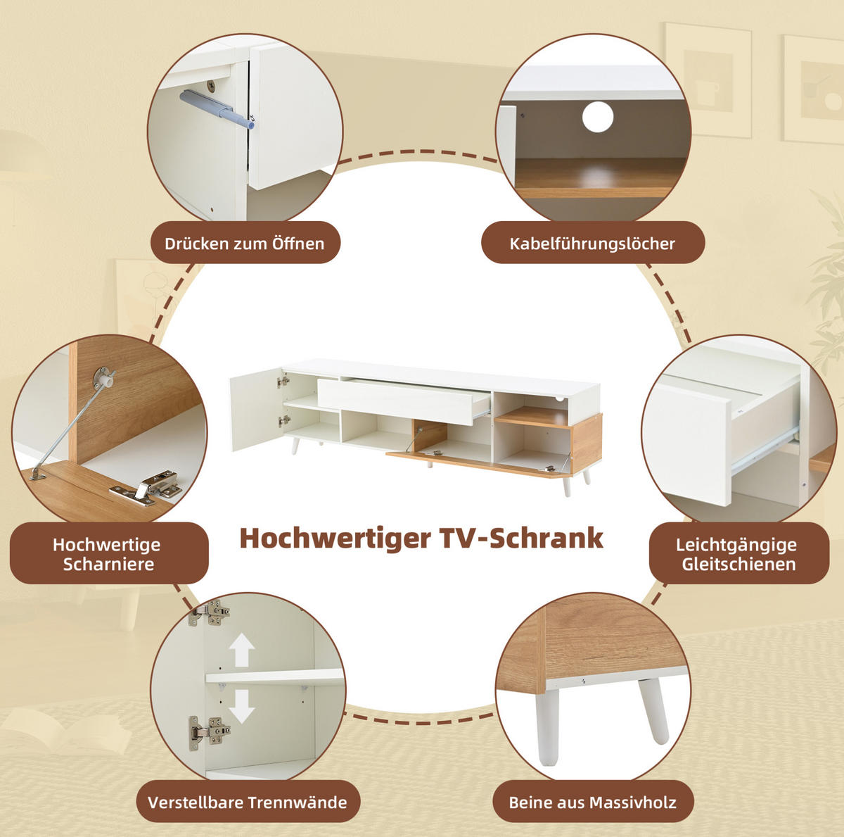 TV stolek 180/38/50 cm s vysokým leskem, zásuvkou a více úložnými prostory, Bílá/přírodní - světle hnědá, kompozitní dřevo (180/50/38cm) - Redom