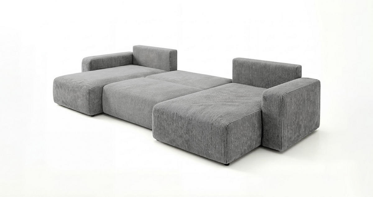 WOHNLANDSCHAFT BERLIN U-Form grau Cord Poso 55 - Schlaffunktion, Bettkasten - Grau, Textil (385/86/185cm) - Cornero