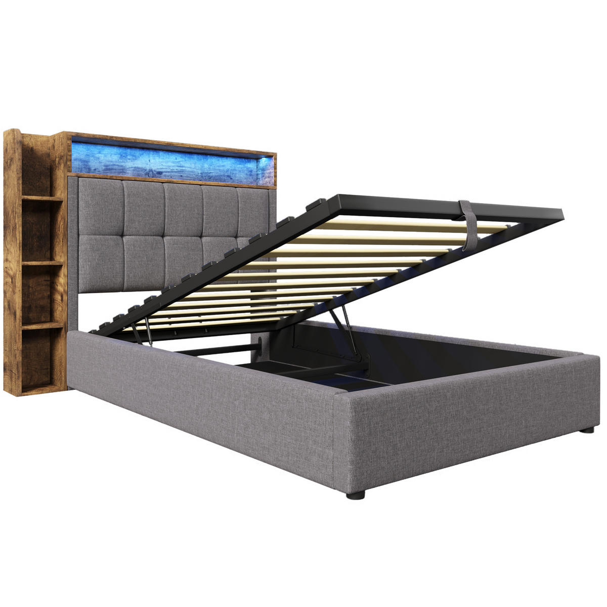 POLSTERBETT mit LED-Beleuchtung 90/200 cm mit Bettkasten & USB-C - Grau, Textil (90/200cm) - BEAOK
